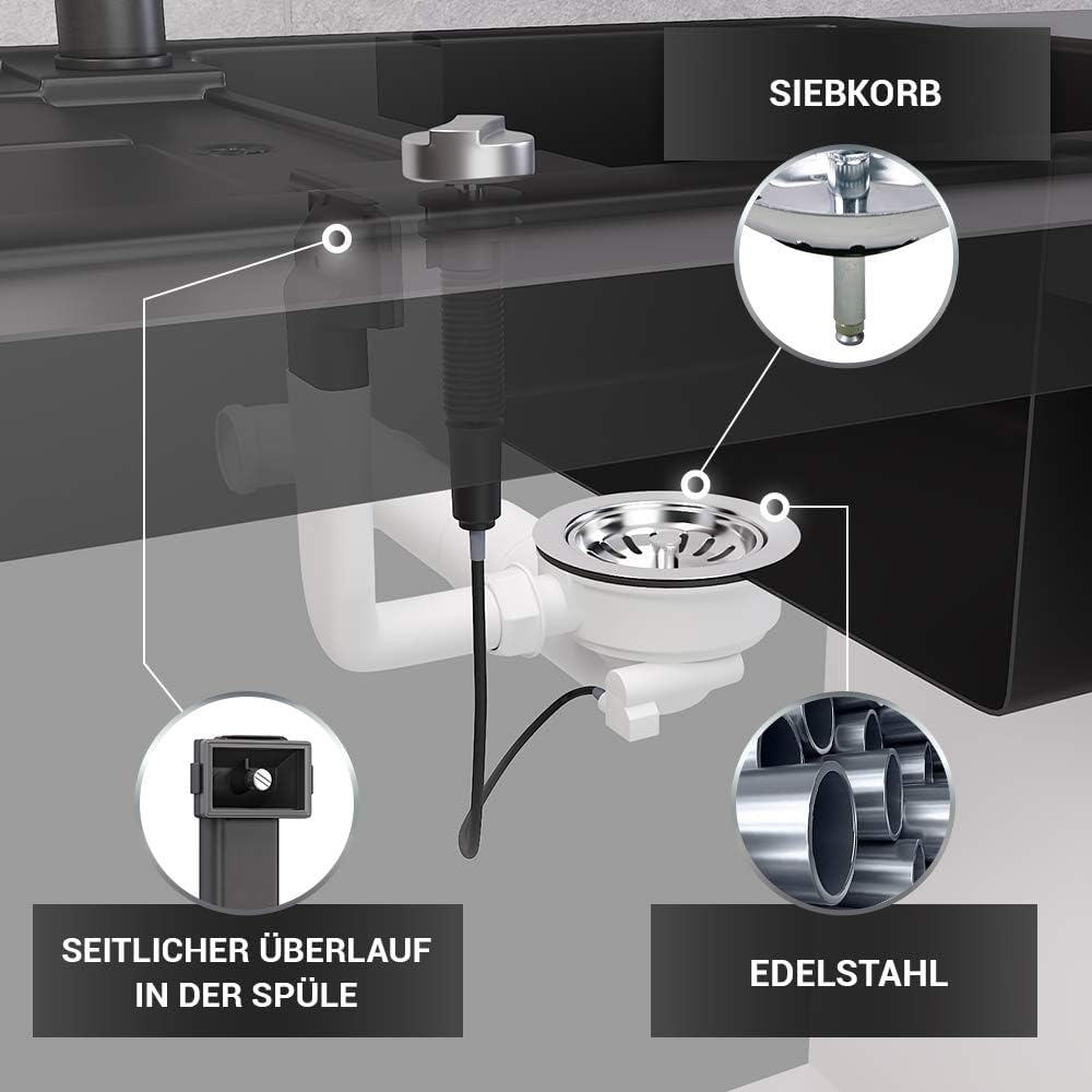 Abflusssieb 114mm Edelstahl Schwarz - Küchenabfluss Mit Überlauf PVD-beschichtet