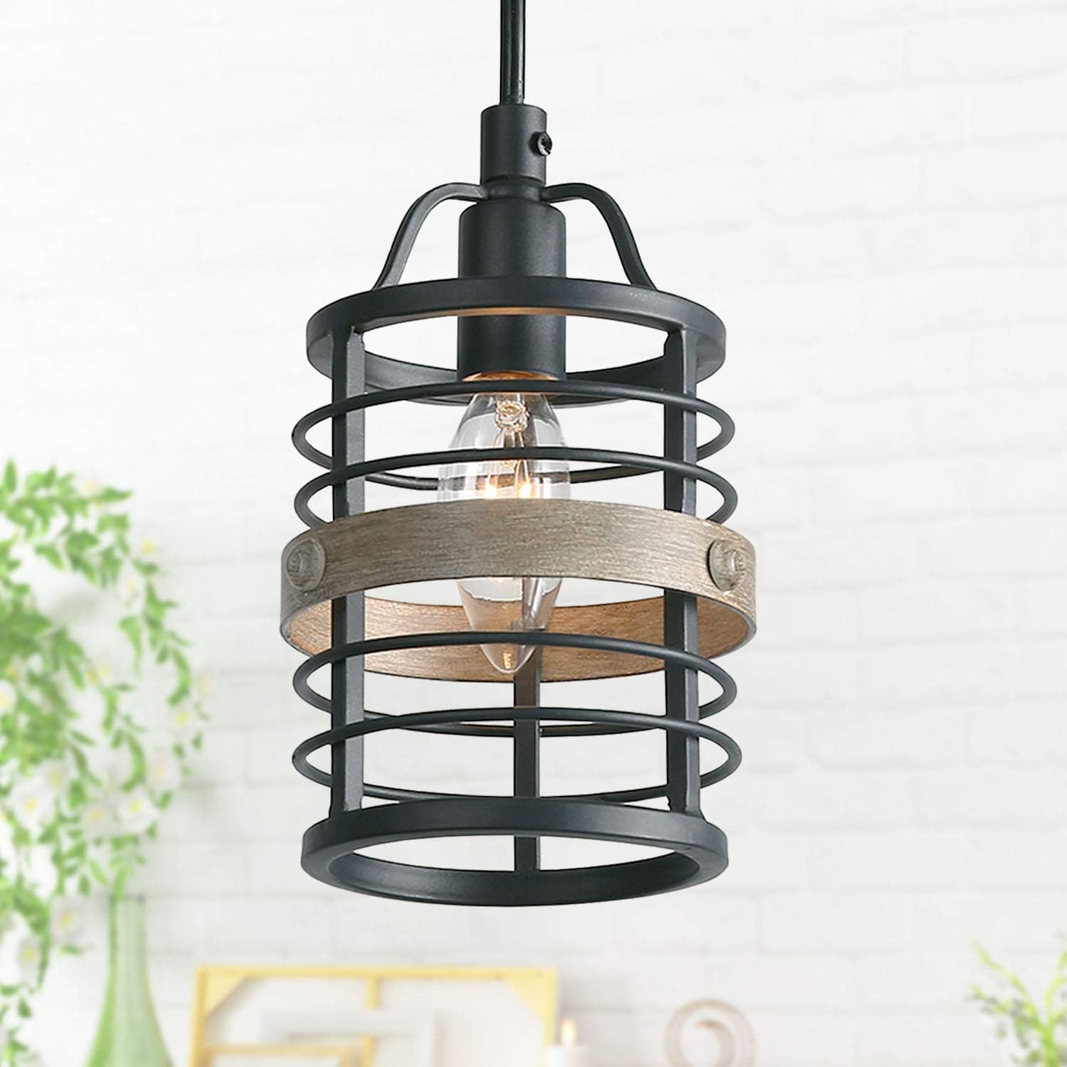LNCFarmhouse Faux-Wood Pendant Lighting, Rustic Mini Hanging Fixture for Kitchen Island, Dining Room, Bedroom, Foyer and Hallway