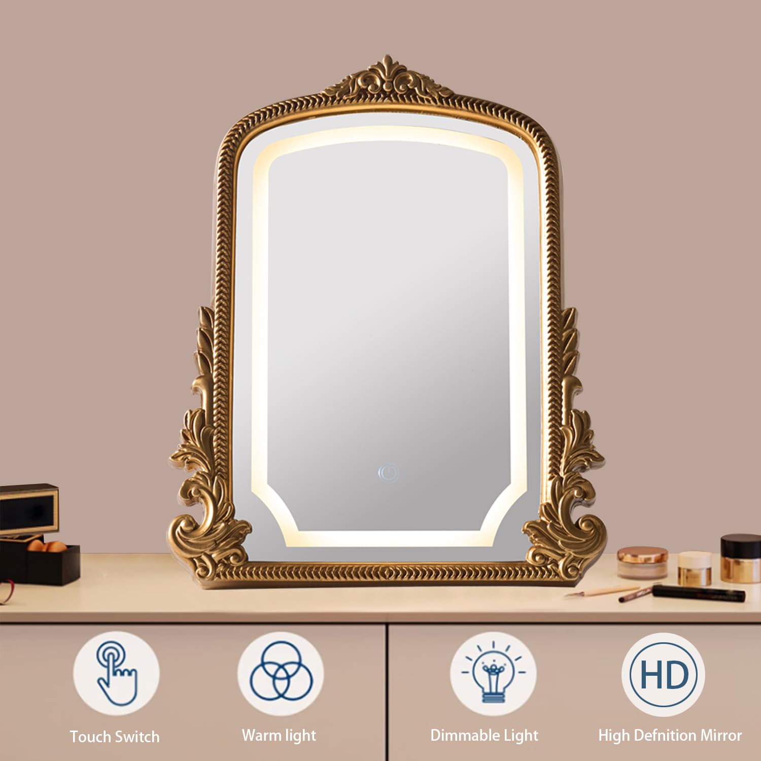 HSDDHOME Large 16x20 Vintage LED Vanity Mirror, Gold Arch Makeup Mirror