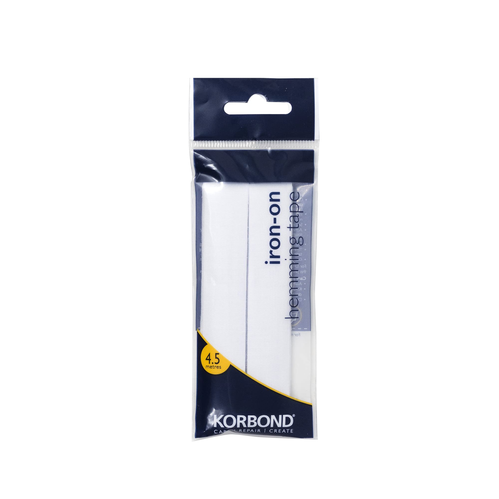 KORBOND White Iron Hemming Tape 4.5m x 2cm – Hem Tape Iron On for Trousers, Webbing Tape for Seam and Hemming Web – No Sewing Required Sewing Tape for Quick Repairs on Jeans, School Clothes