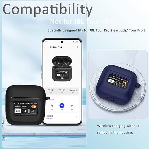Miniatura 2 de Miimall Funda para JBL Tour Pro 2, funda para auriculares, pantalla táctil LCD visible, llavero antipérdida, funda protectora de silicona suave para