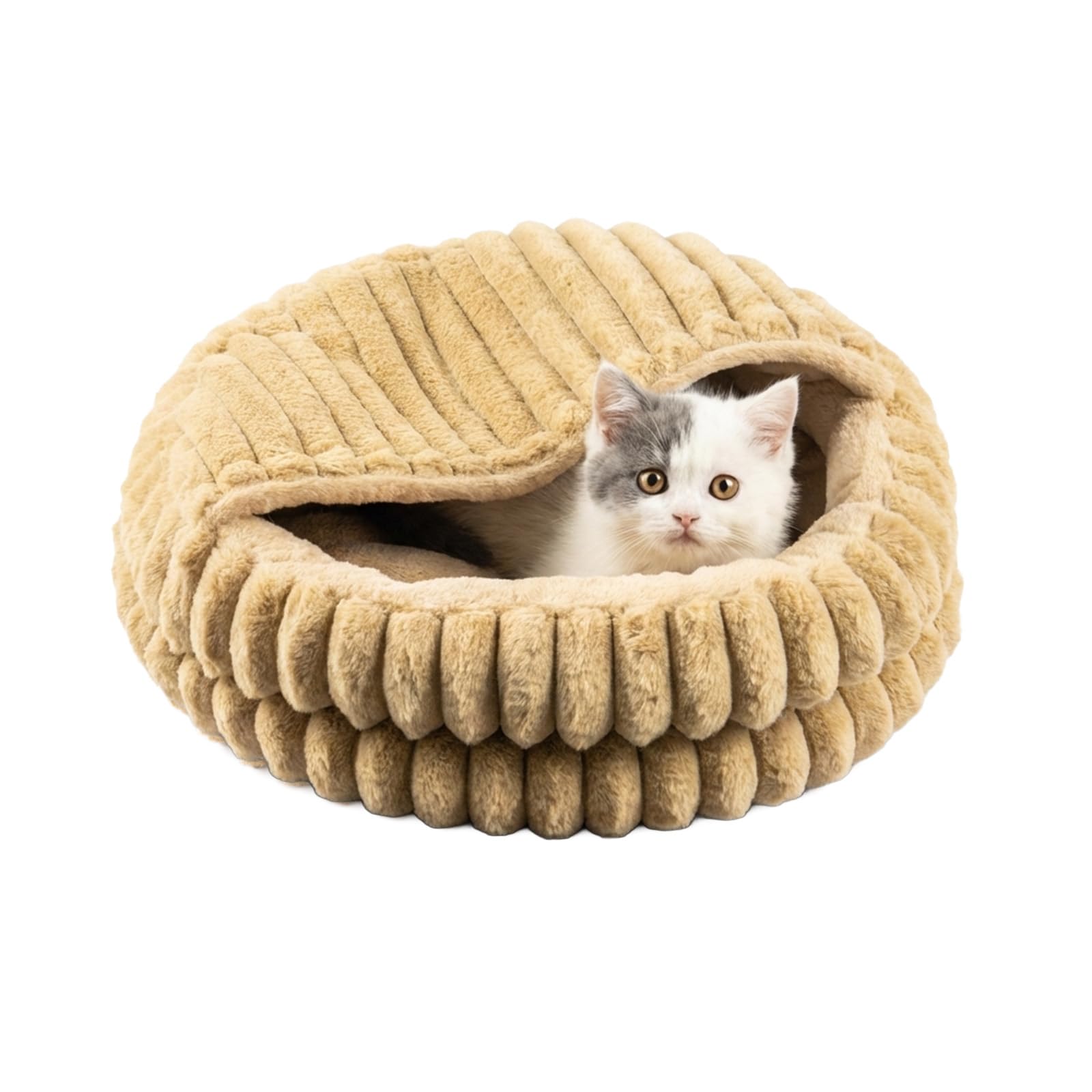 Katzenbett mit Deckel, Waschbare Katzenhöhle mit Kissen, Weiches Katzenhaus 50x50x15 cm (Braun)