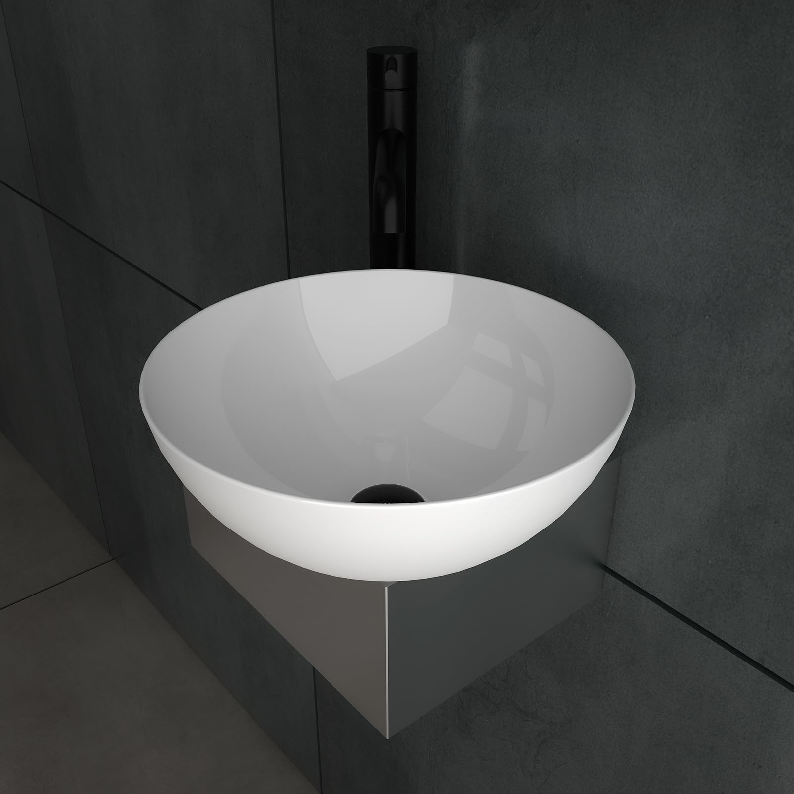 Alpenberger Mini Waschbecken ohne Hahnloch | Bathroom Sink Waschtisch | Waschschale Handwaschbecken Weiß | Hängewaschbecken mit Keramikversiegelung | Aufsatzwaschbecken Rund für Bad & Gäste-WC