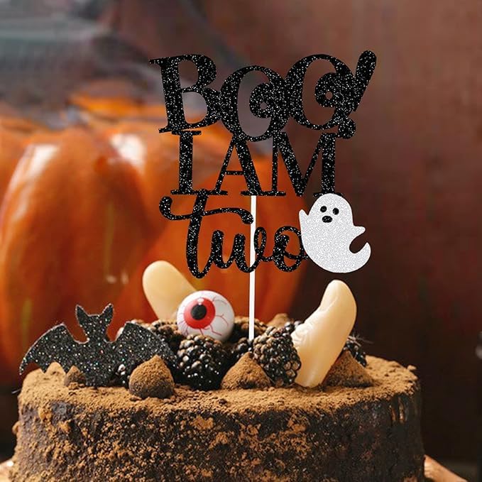 Image of Boo I'm Two Cake Topper | 2nd Birthday Party Black Glitter Cake Topper | Second Birthday Photo Props | Halloween Party Decoration Supplies | Cake Decorations With Ghost