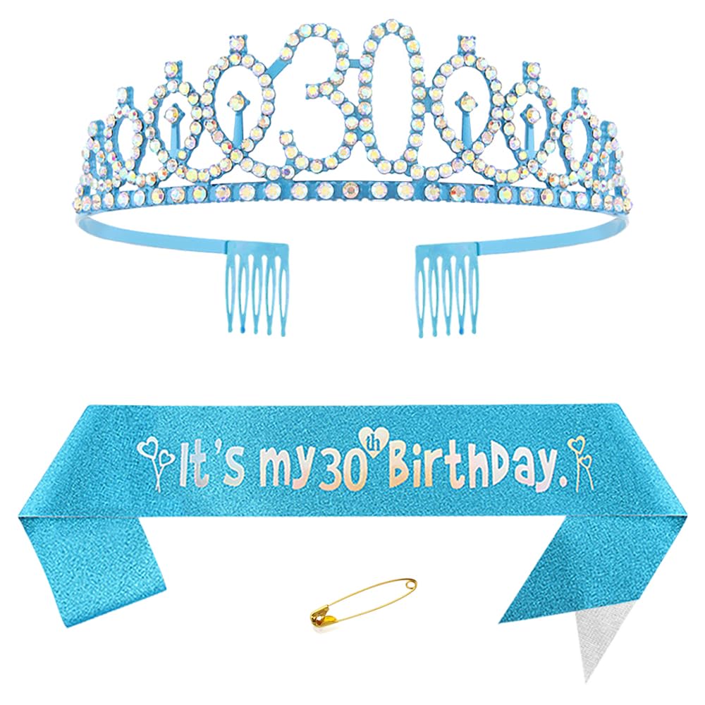 Yijunmca Blue 30th Birthday Queen Crown & Sash, Rhinestone Tiara, 'It's My 30th Birthday' Sash, Party Decorations for Women