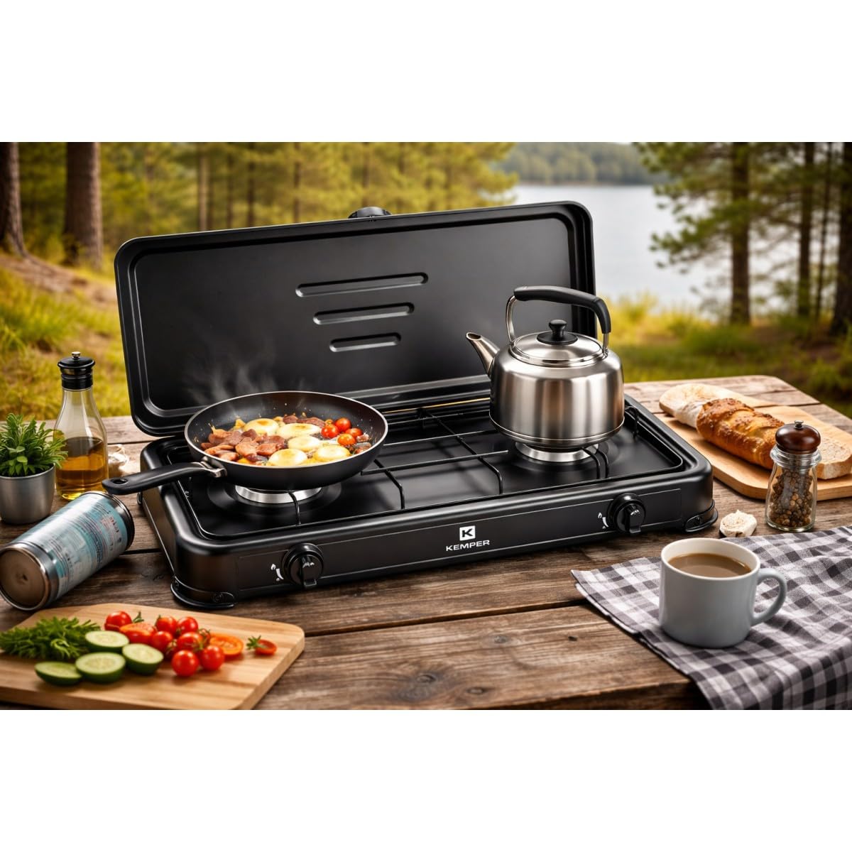 KEMPER - Réchaud gaz portable 2 feux 2600W Noir Couvercle Plaque de cuisson