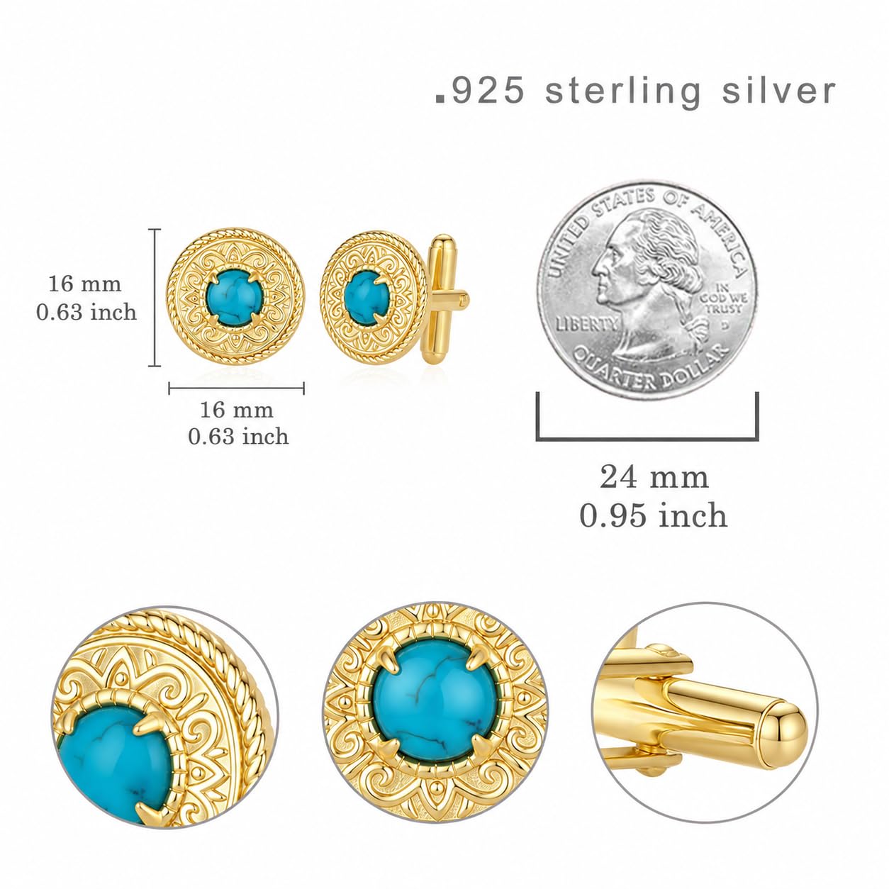 Gemelos de turquesa natural S925 para boda y día del padre, regalo para hombres