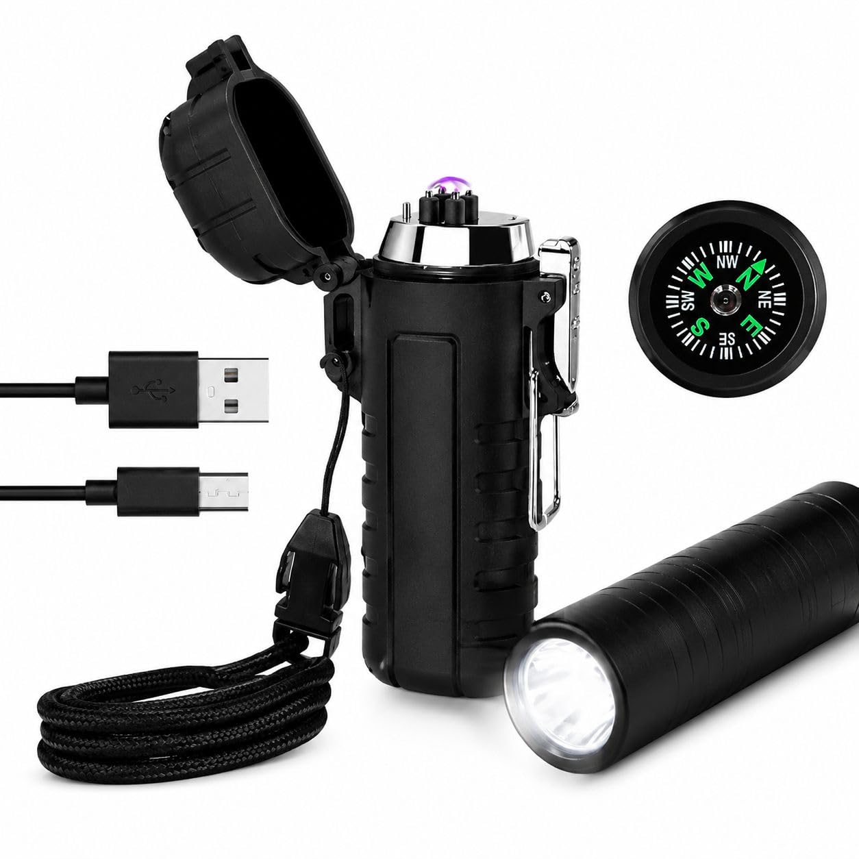 3 in 1 Double Arc Pocket Size Plasma Electric Lighter USB Type-C Rechargeable Flameless, Waterproof, Windproof, Dustproof Camping Lighter with LED Torch and Compass | Camouflage-image-40