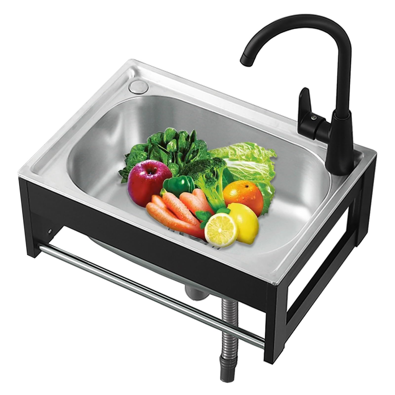 Fregadero De Pared Fregadero Cocina Inox Con Grifo, Fregadero De Comercial Con Soporte De Aluminio, Toallero, Toma De Agua Y Tubos De Desagüe, Kit De Fregaderos De Un Seno