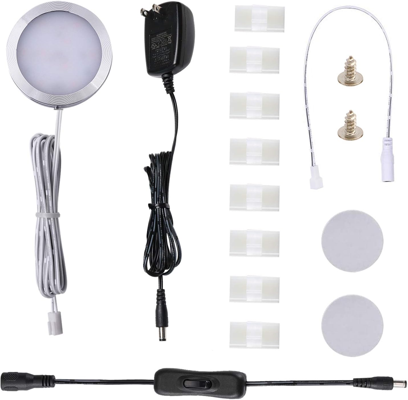 AIBOO 12V LED Under Cabinet Puck Lights Plug in, with Manual Switch, Single Puck LED Light for Closet,Counter,Showcase,12Vdc Low Voltage Wall Plug (Warm White)