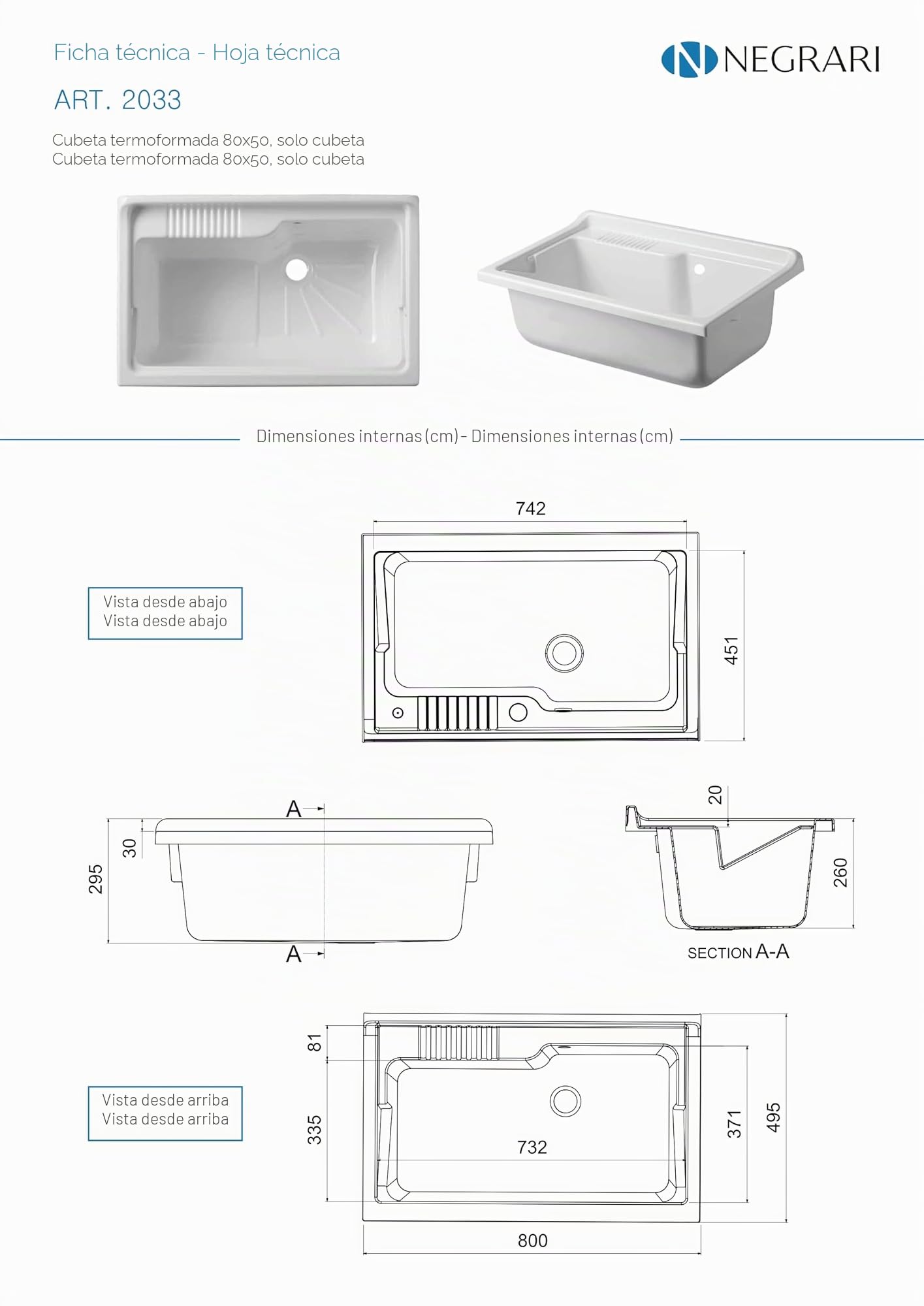 Negrari Bañera de apoyo de resina PP para lavabo, resistente a la humedad, resistente a los ácidos de uso común, kit de desagüe incluido, interior y exterior, 80 x 50 x 30 cm, blanco