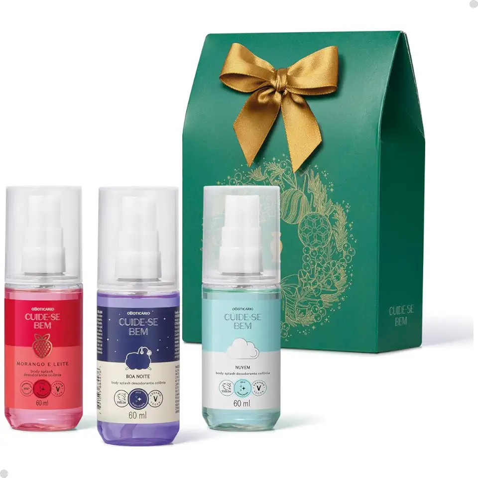 O Boticário Kit Presente Natal Cuide-Se Bem, 3 Body Splashes 60ml, Fragrâncias Nuvem, Boa Noite e Morango Leite, com Caixa Decorativa Verde e Laço Dourado