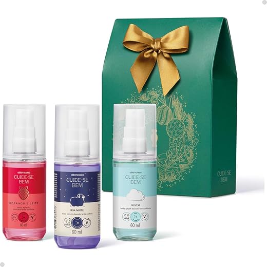 O Boticário Kit Presente Natal Cuide-Se Bem, 3 Body Splashes 60ml, Fragrâncias Nuvem, Boa Noite e Morango Leite, com Caixa Decorativa Verde e Laço Dourado