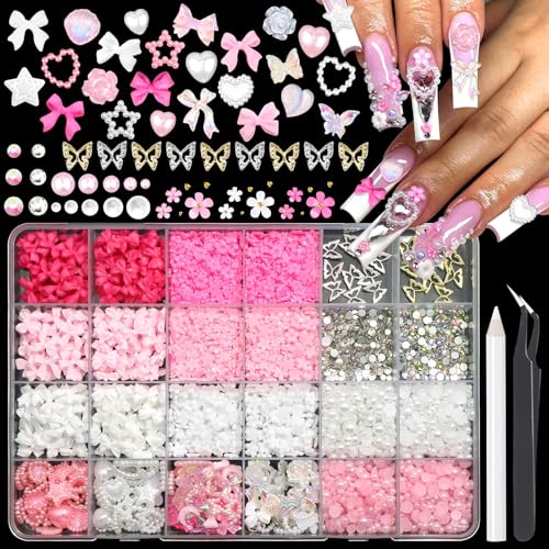 Image of RODAKY 3D Assorted Bow Nail Charms Set Flatback Nail Rhinestone Pearls Beads for Nails Pink Flower Star Heart Nail Art Charms for Junk Phone Case Manicure Design Craft DIY Accessories