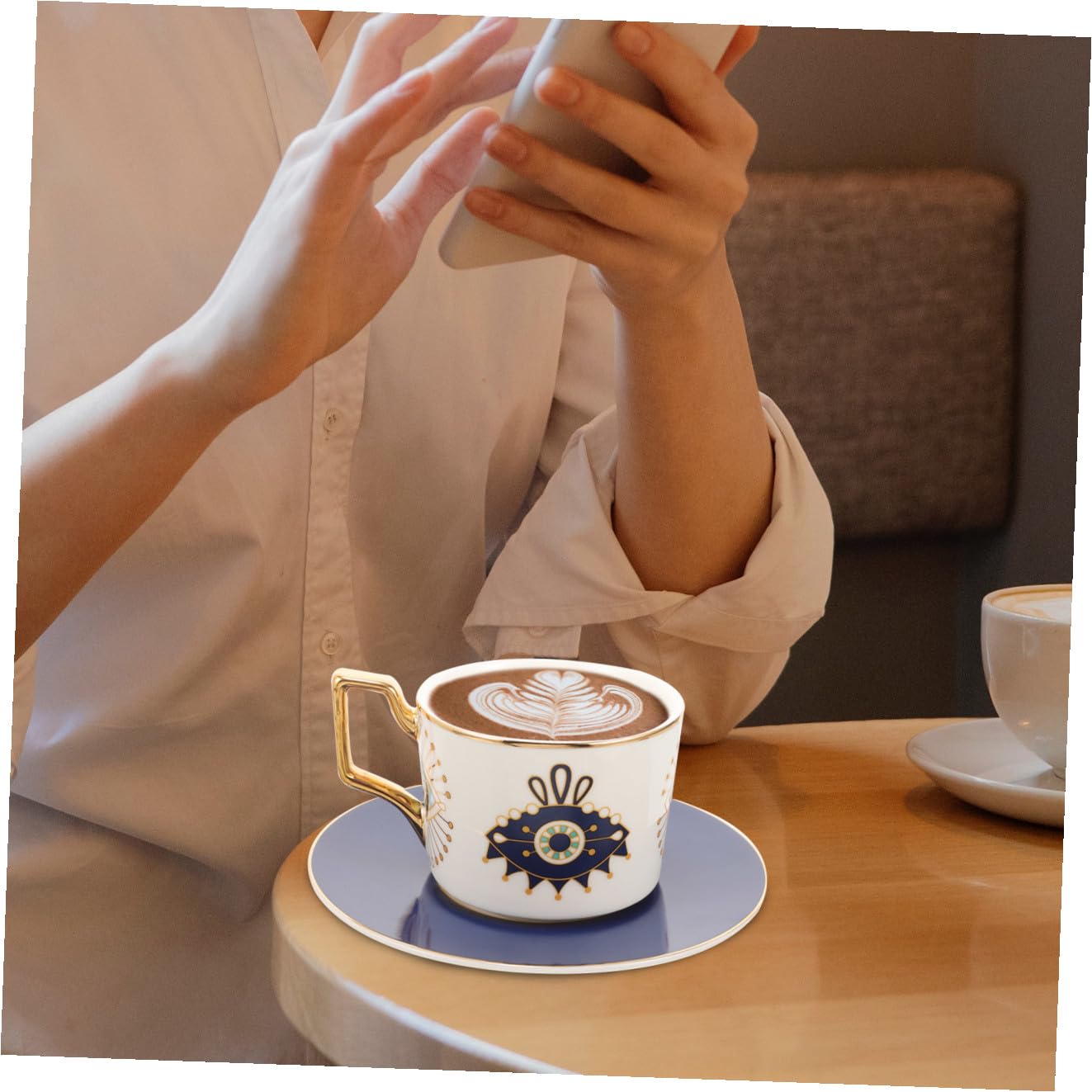 1set Tazzine Ceramica Con Piattino Design Evil Eye Tazza Per Caffè e Latte Stile Europeo Accessorio Per Tè e Pomeriggi Di Relax