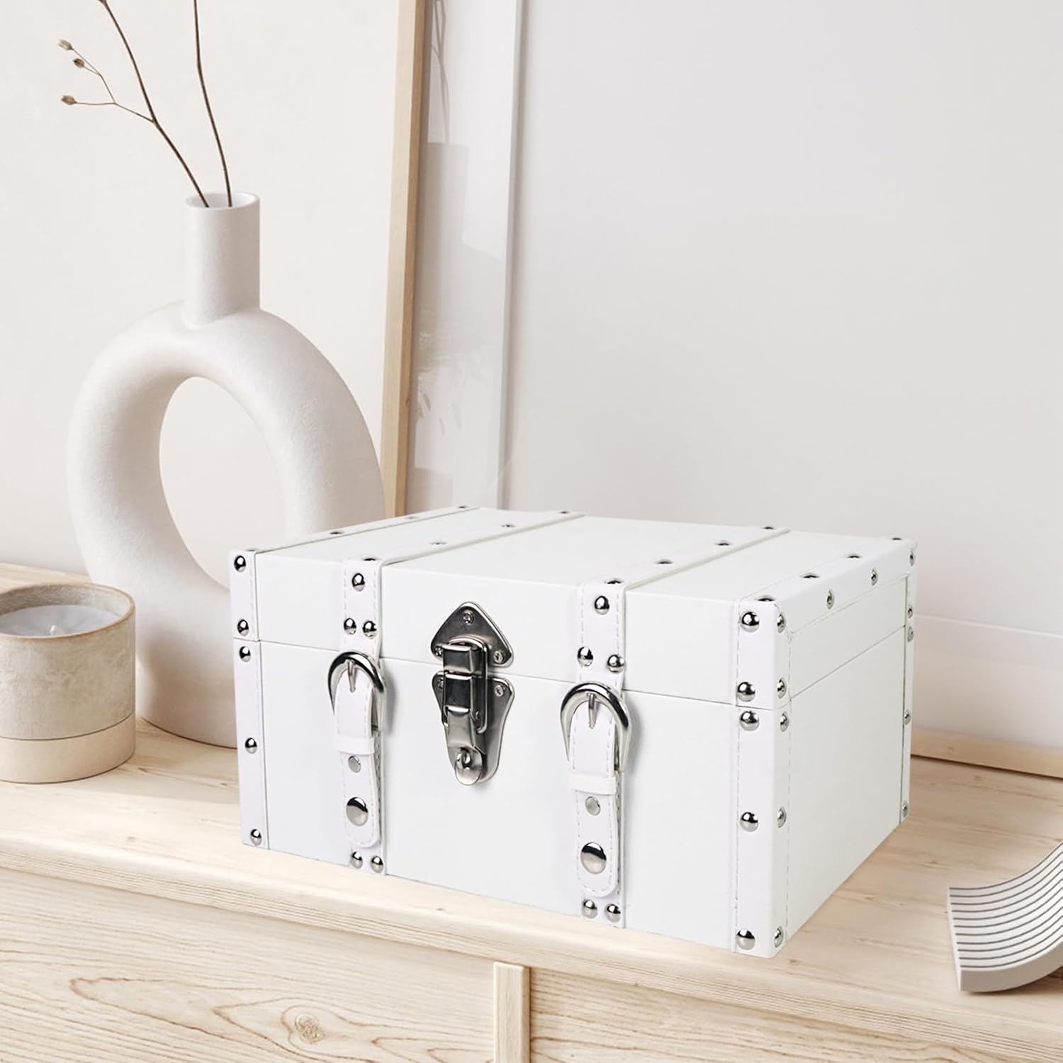 DreamsEden Small Wooden Treasure Chest - White Vintage Trunk with Hinged Lid, Decorative Storage Box for Jewelry & Keepsakes, Velvet Lined Memory Box (12.5x8.5x6.5 Inches)