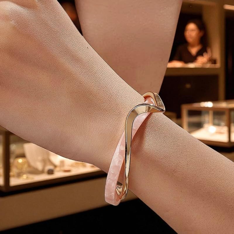Modern Wave Design Cuff Bracelet, Gold-Tone Acrylic Bangle, 2.5 inch, C-Shaped Opening White/Pink Acrylic Bracelets Board Bend Metal Bangles - Image 5