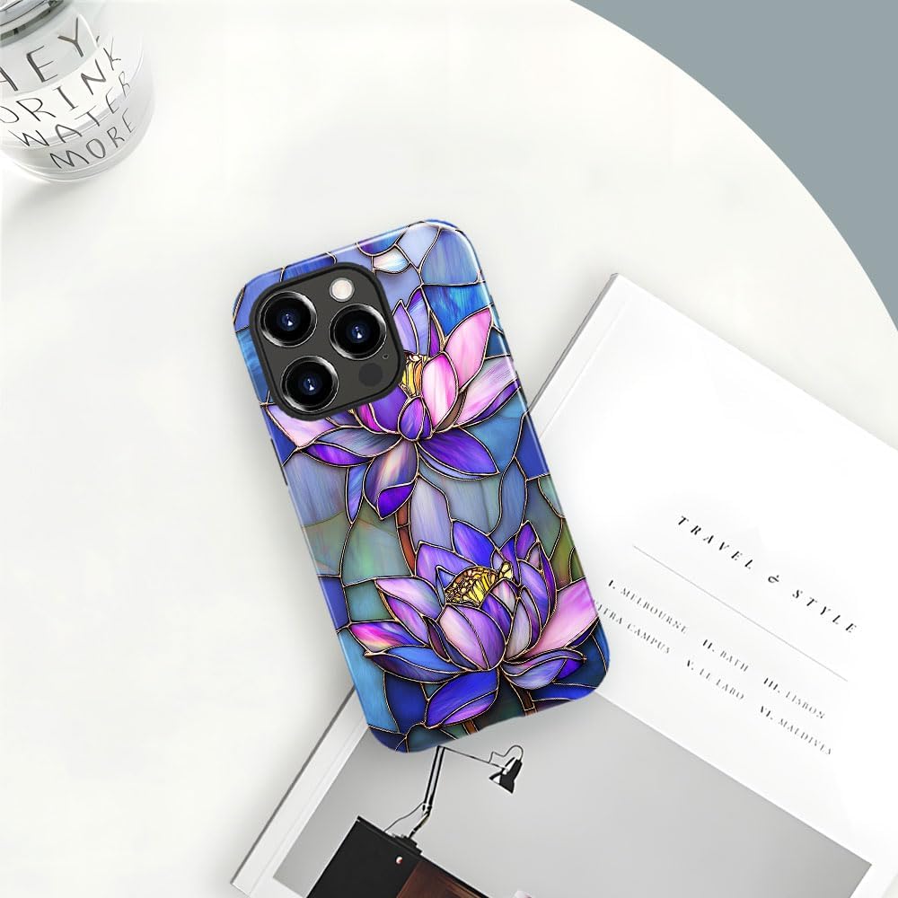 DAIZAG Case Compatible with iPhone 15 Pro Max,Glossy Durable Shock Protection Cover for Girl Women,Stained Glass Purple Lotus Flowers - Image 4