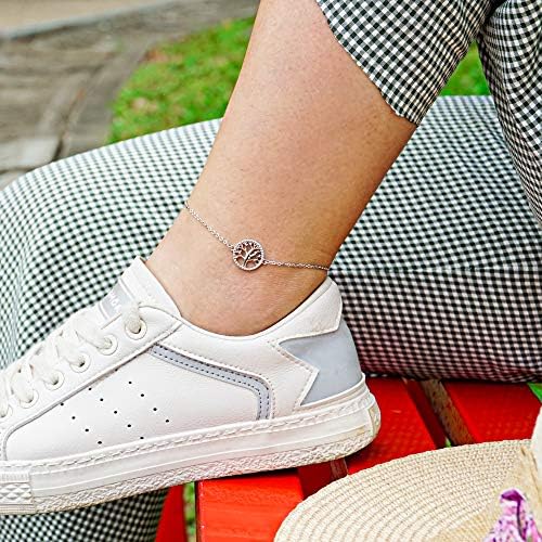 Lydreewam Tree of Life Women Anklet Bracelet 925 Sterling Silver for Summer Barefoot Beach, Adjustable 22+4cm