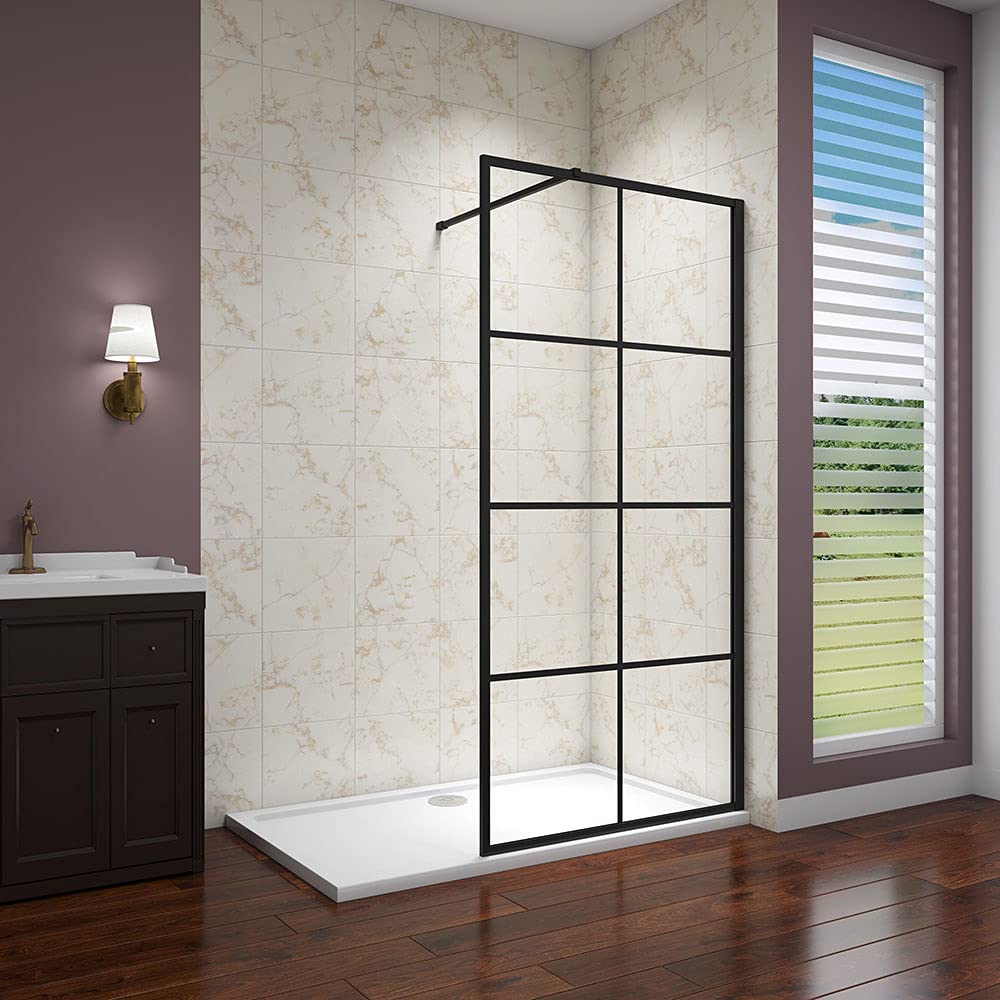 Acezanble 1200x1850mm Black Walk in Wet Room Shower Enclosure 8mm Nano Glass Screen with 1700x900mm Shower Tray