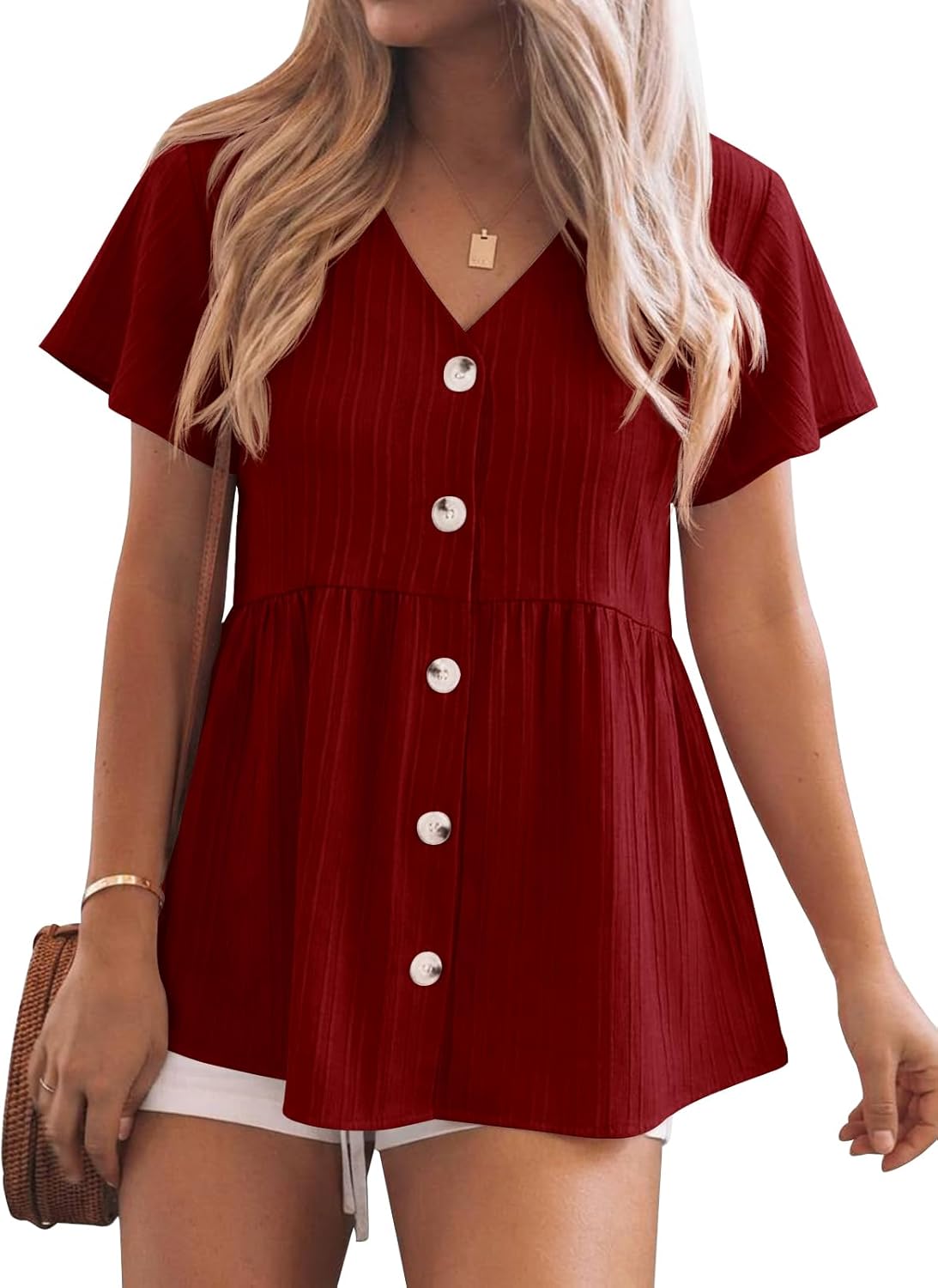Tankaneo Womens Babydoll Tops Summer Short Sleeve Peplum Flowy Blouse Casual Spring Loose Button Down V Neck Ruffle Shirts