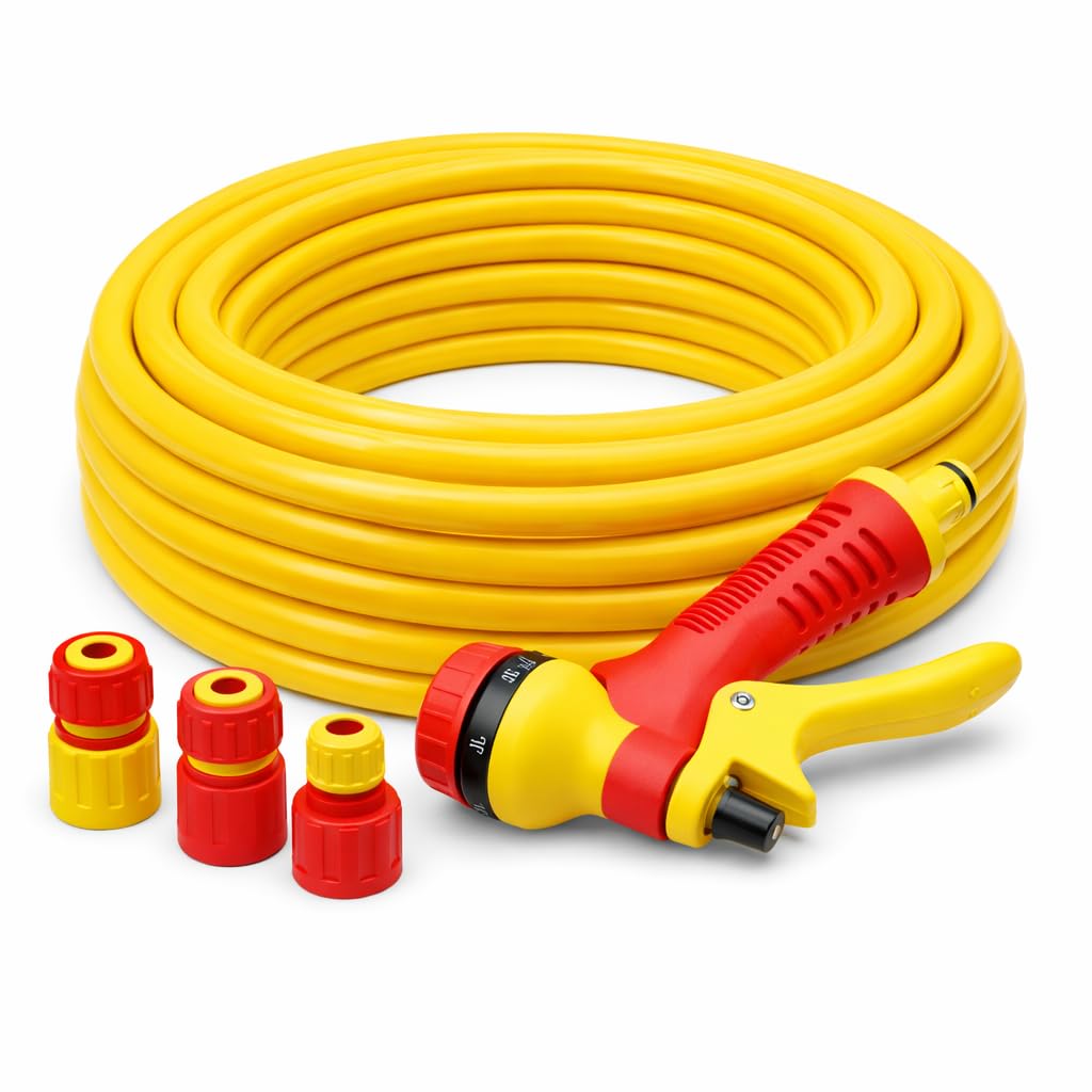30m Garden Hose Pipe Set, Yellow PVC, 3 Layer Construction, Flexible 4 Season Watering Hose with Spray Nozzle and Connectors