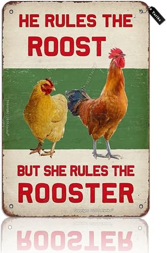 Bnvxr Multi Vintage Tin Sign He Rules The Roost But She Rules The Rooster Tin Vintage Look 7.8X11.8 Inch Decoration Painting Sign For Home Kitchen Bedroom Farm Garden Farmhouse Funny Wall Decor