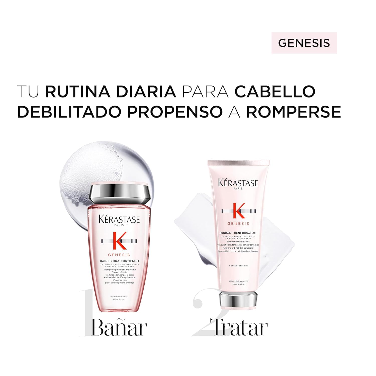Kérastase Genesis, Rutina Anticaída y Fortificante con Champú Bain Hydra-Fortifiant 250 ml y Acondicionador Fondant Renforçateur 200 ml, Para Pelo Fino o Frágil, Normal o Mixto