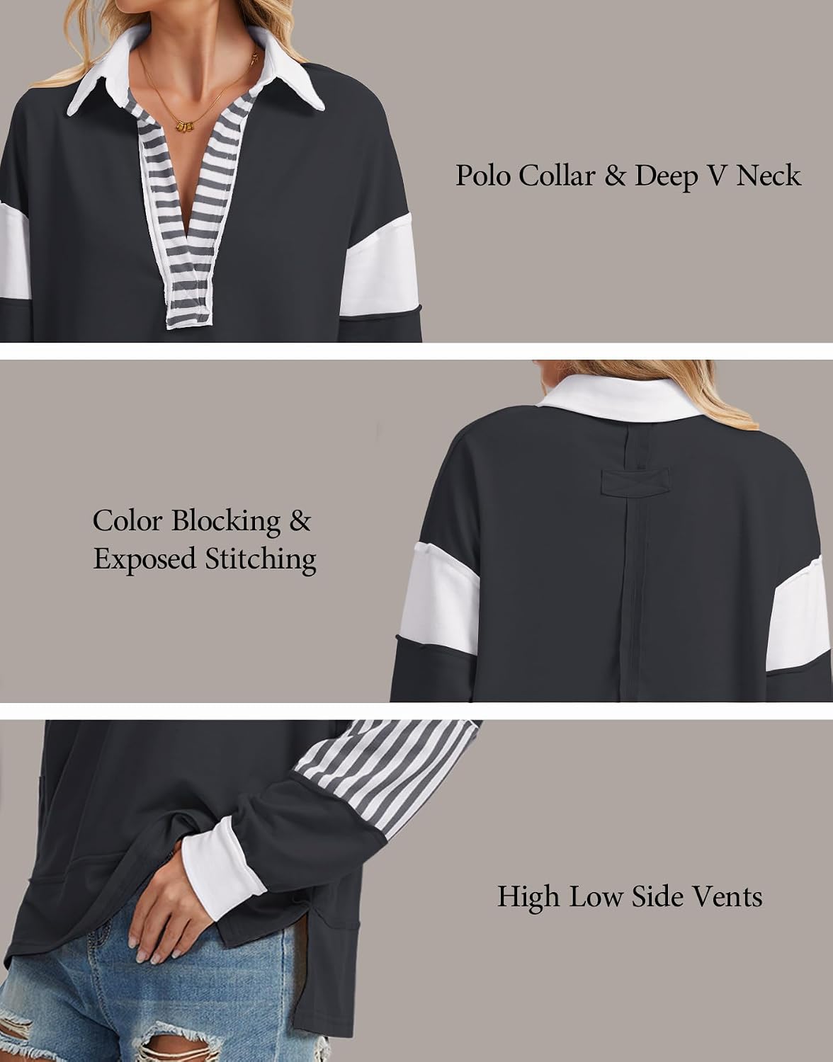 Womens Oversized Color Block Sweatshirt, Striped Polo V Neck Lightweight Pullover Fall Casual Tunic Top