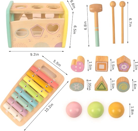 WOODENFUN Hammering Pounding Toys Wooden Educational Toy Xylophone Shape Sorter, Birthday Gift for 3 Years Boys Girls Baby Toddler Kids Developmental Montessori Learning Toy (Yellow)