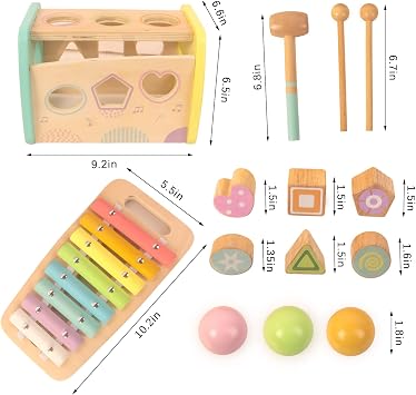 WOODENFUN Hammering Pounding Toys Wooden Educational Toy Xylophone Shape Sorter, Birthday Gift for 3 Years Boys Girls Baby Toddler Kids Developmental Montessori Learning Toy (Yellow)