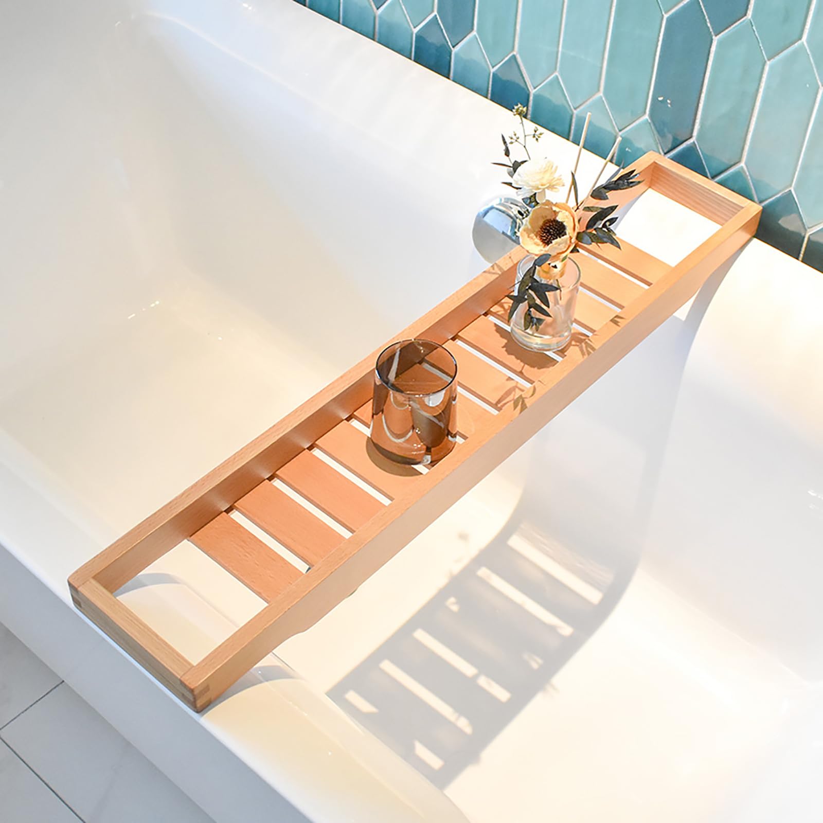 Bandeja de madera para bañera, de nogal, bandeja de mesa grande, soporte de listones largos, estante versátil, accesorios, regalo de spa para mujer