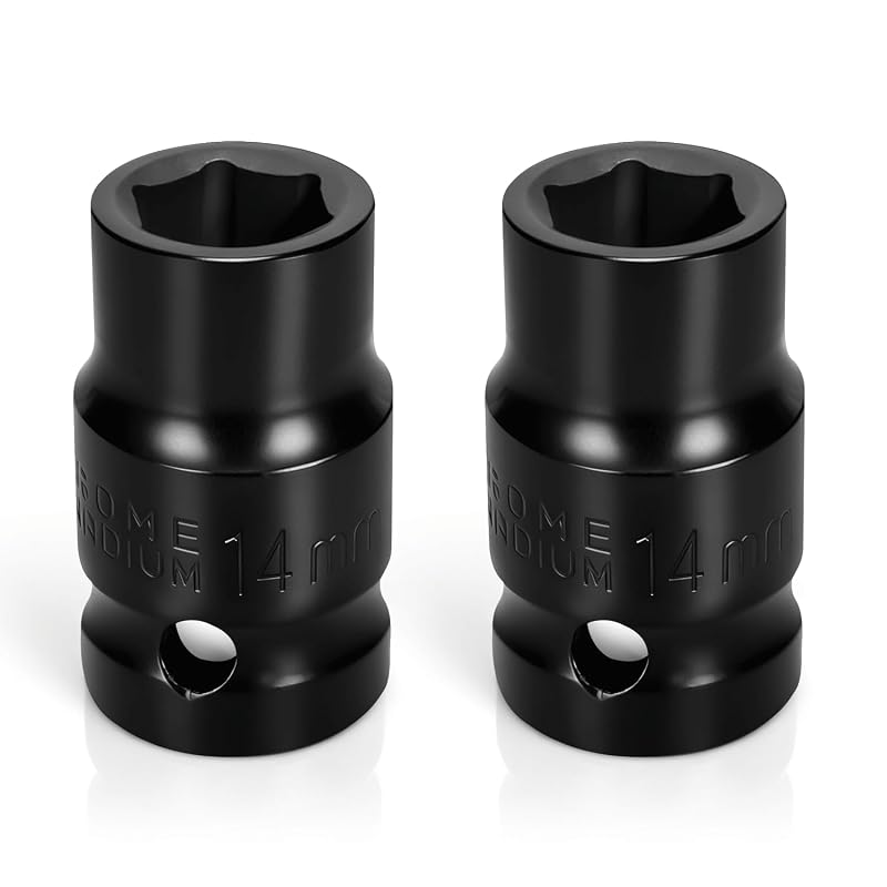 Kit com 2 Soquetes de Impacto 14 mm, Encaixe de 12,7 mm (1/2 pol.), 6 Pontos, Aço CR-V Sunkoo
