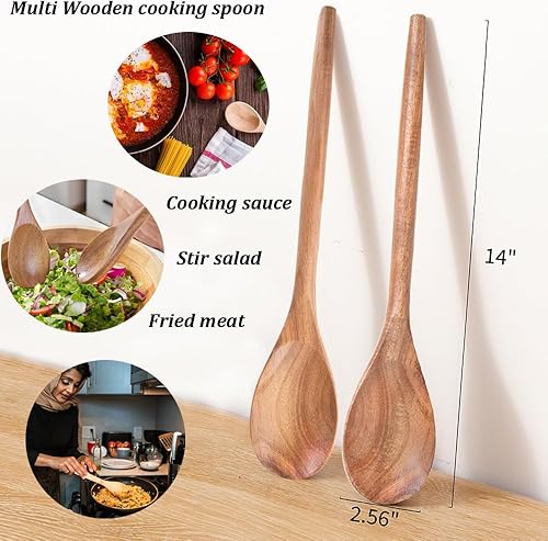 Miniatura 2 de 2 cucharas de madera de acacia para cocinar, cucharas de cocina de acabado liso de 14 pulgadas, cucharas de madera de agarre cómodo para cocinar,