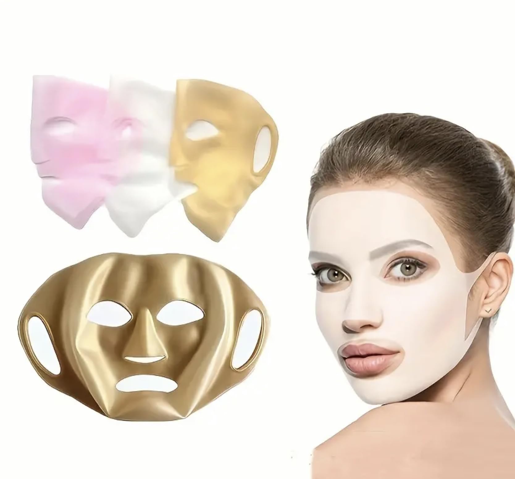 GenericReusable Silicone Facial Masks For Moisturizing Skin - 3D Anti-Evaporation Face Beauty Patches For Women And Girls (Gold)