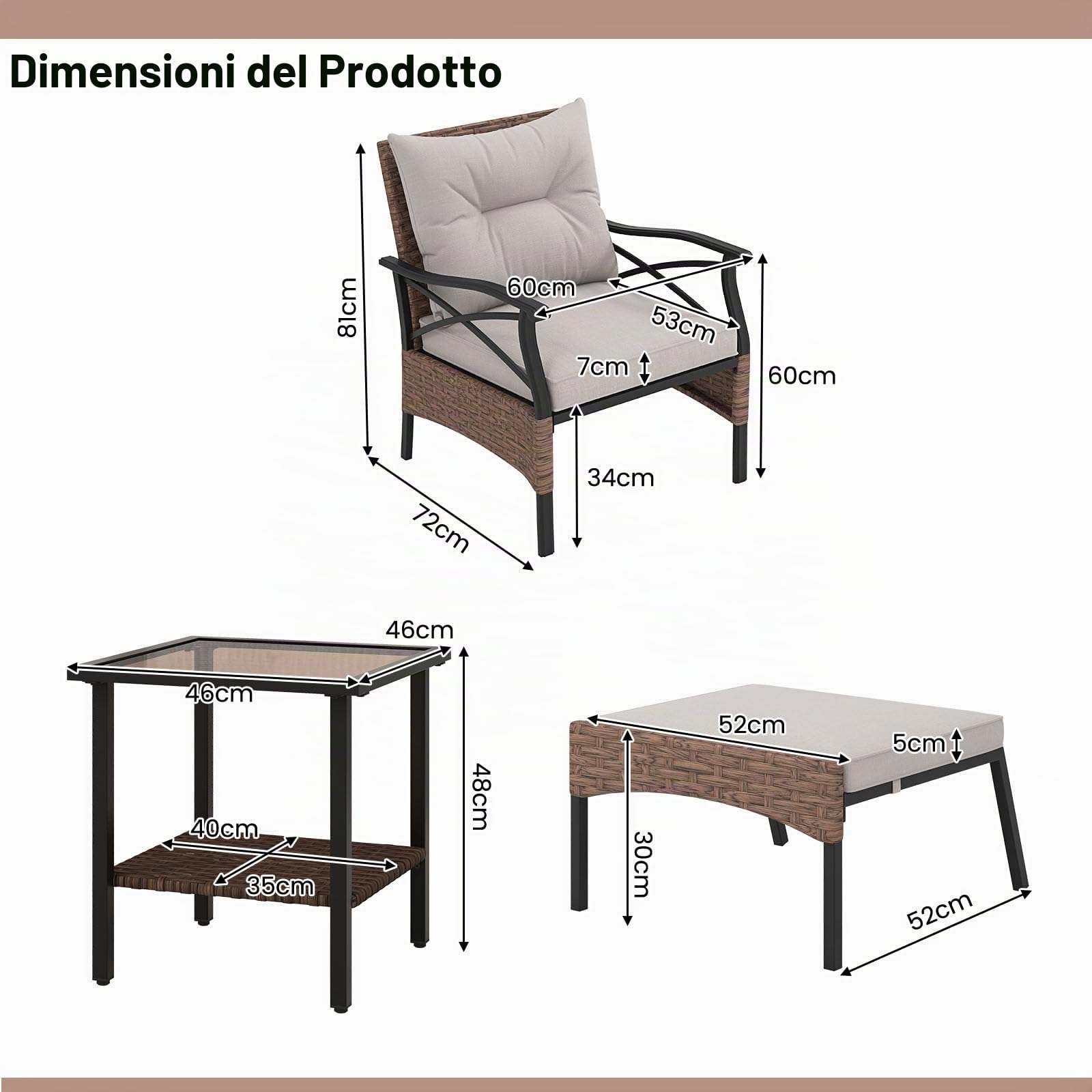 LIFEZEAL Salotto da Giardino in Rattan PE 5 Pezzi, 2 Poltrone con Cuscini, 2 Poggiapiedi, Tavolino in Vetro, Marrone