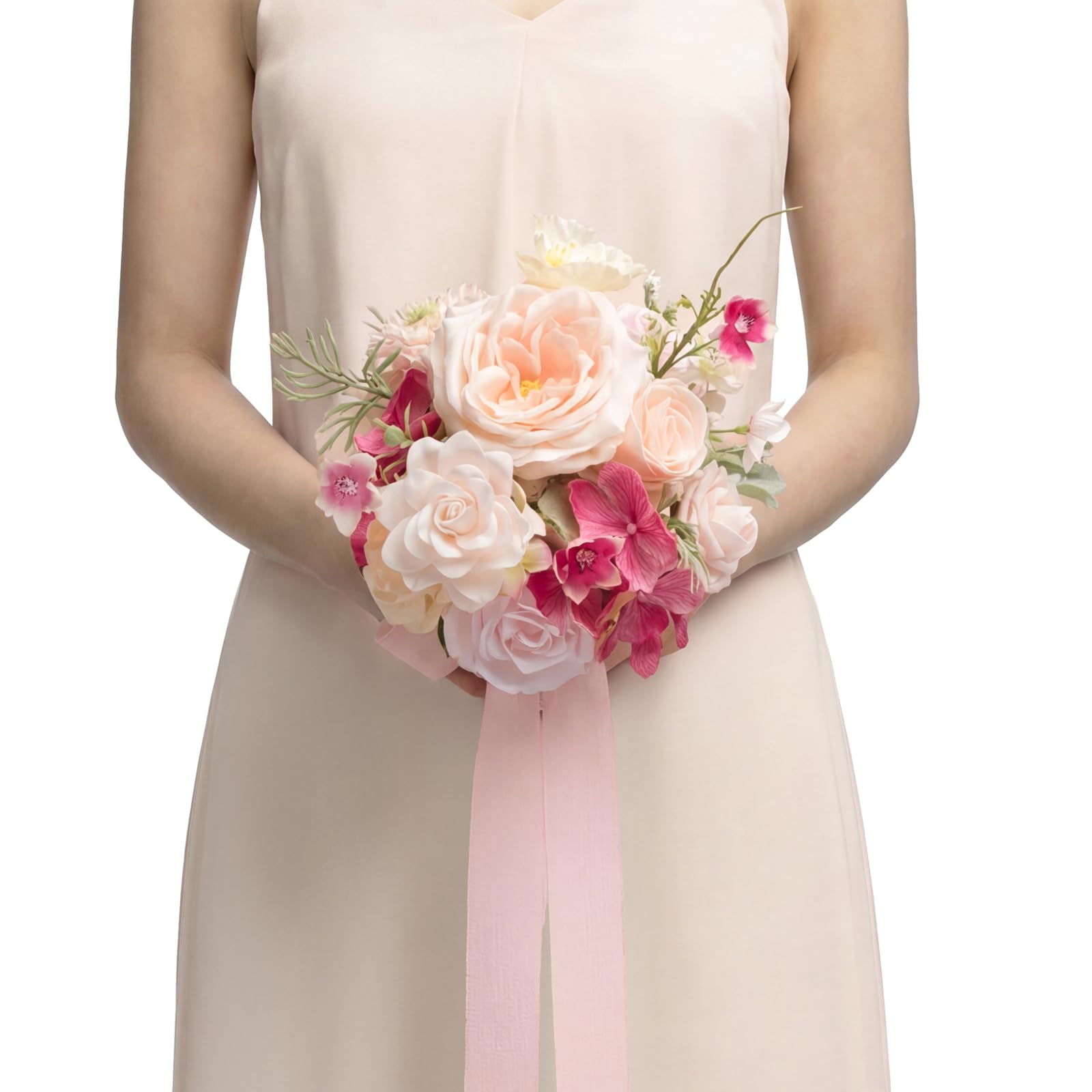 Ling's moment Pink Artificial Wedding Flower Bouquets for Bridesmaids Blush Floral Bouquet Hot Pink Bridal Bouquets for Bridesmaids with Ribbon Ceremony Anniversary,7-inch Diameter — image 1