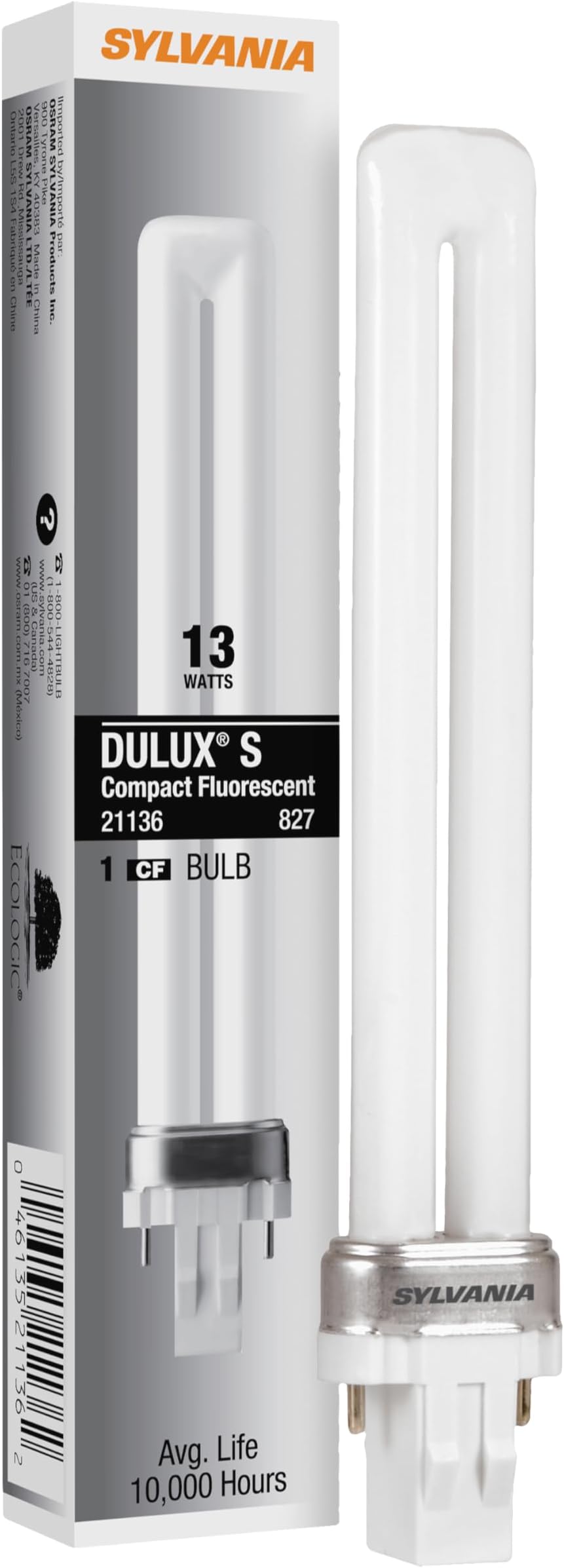 Sylvania DULUX 13W Single Compact Fluorescent Lamp, GX23 2-Pin Base, 800 LMS, Frosted Glass, 2700K, Soft White - 1 Pack (21136)
