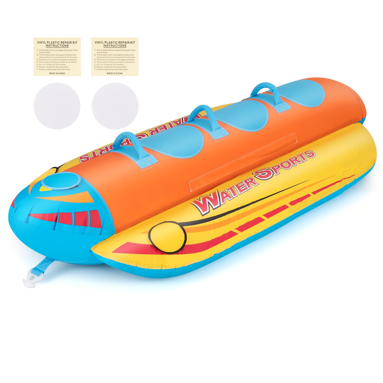 GOPLUS Tubo Remolcable, Bote Banana Inflable para 1-3 Pasajeros con Cubierta de Nailon, Almohadillas de EVA, Kit de Reparación y Conector, Deportes Acuáticos Playa, Carga 231 Kg