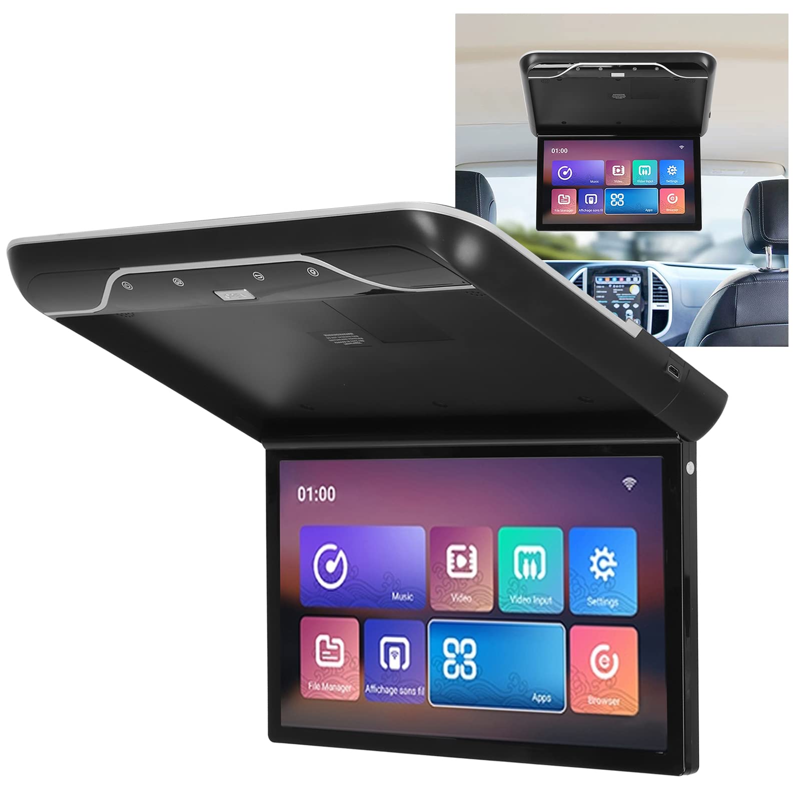 Auto-Dachmontage-Monitor, 19-Zoll-Flip-Display-Decken-TV-Hdmi-kompatibel mit Android 9.0-Fernbedienung(Schwarz)
