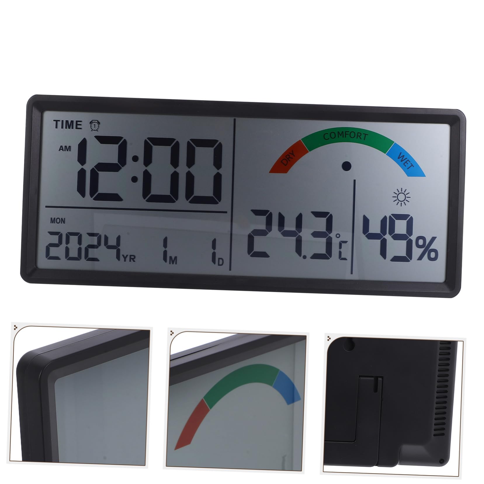 Mikikit Reloj Digital de Pared con Pantalla LCD Grande de Termohigrómetro Integrado con Alarma Temperatura Humedad Fecha y Día Multifuncional para Sala y Escritorio