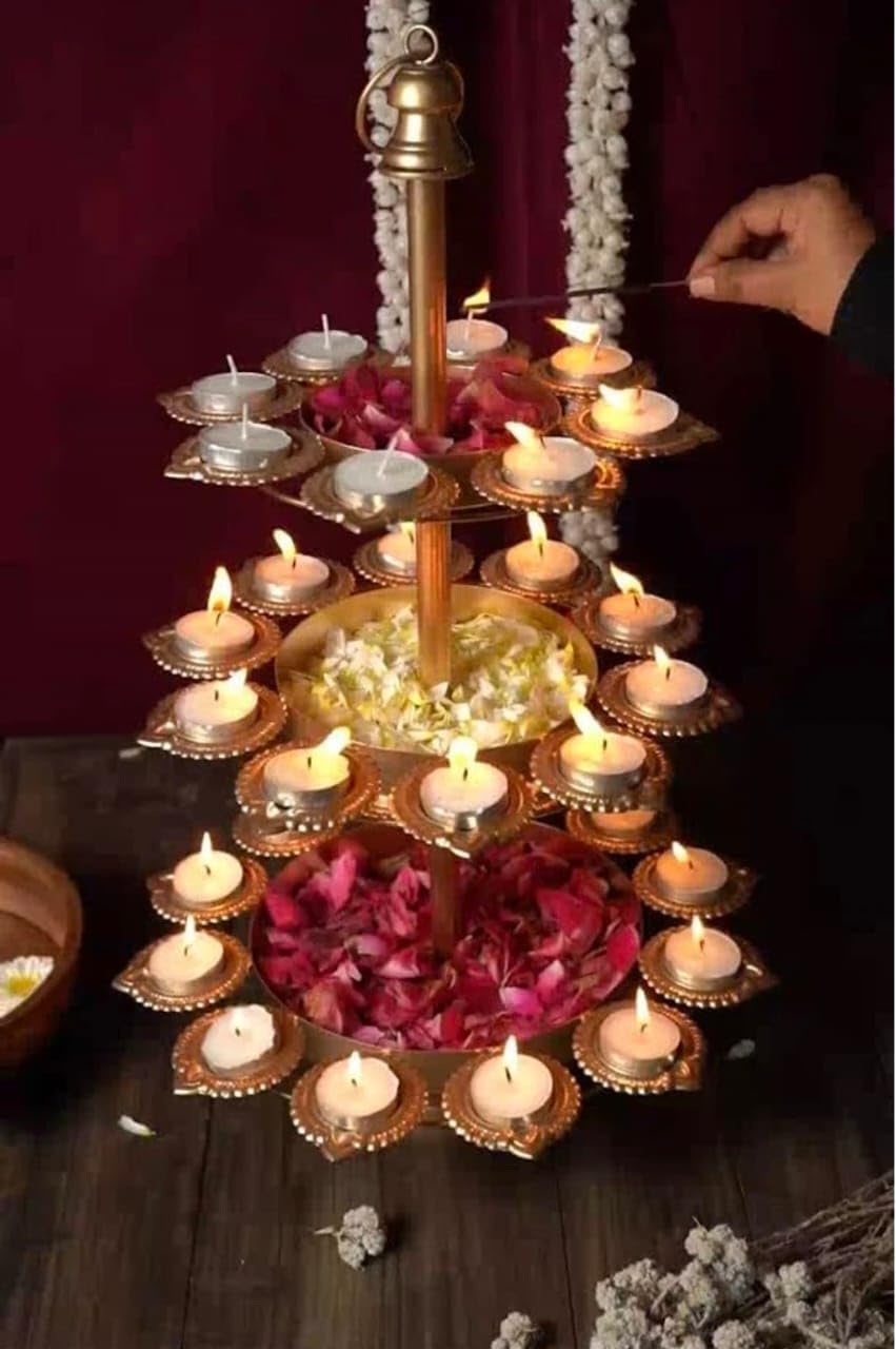 ZR HANDICRAFTS METAL CREATION 3 Tier Brass Urli Metal Arts Metal Gold Urli Bowl with Diya Urli Bowl for Home Decoration | Candle Stands with Diya | Diwali Showpiece Candle Holder 1