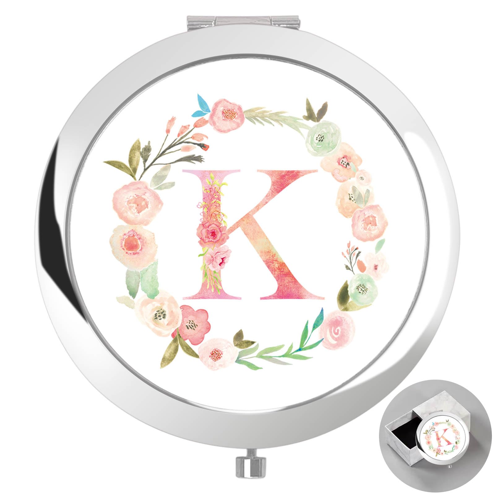 Personalized Gift Initial Compact Mirror w Box for Women Sister Daughter Mom Wife, Floral Monogram Alphabet Silver Small Mirror Ideal Gift on Birthday, Christmas, Graduation (K, Silver)