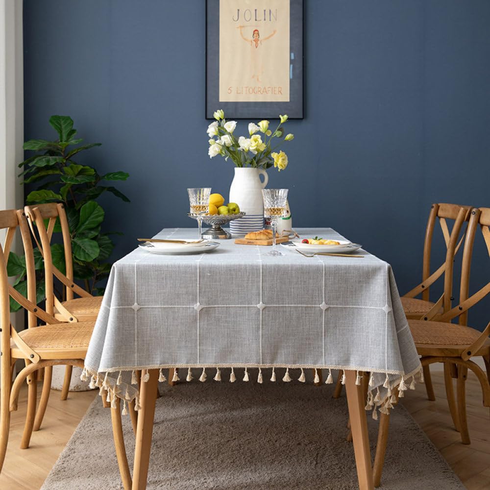 Nappe brodée en coton-lin gris 90x90 cm avec élégants glands