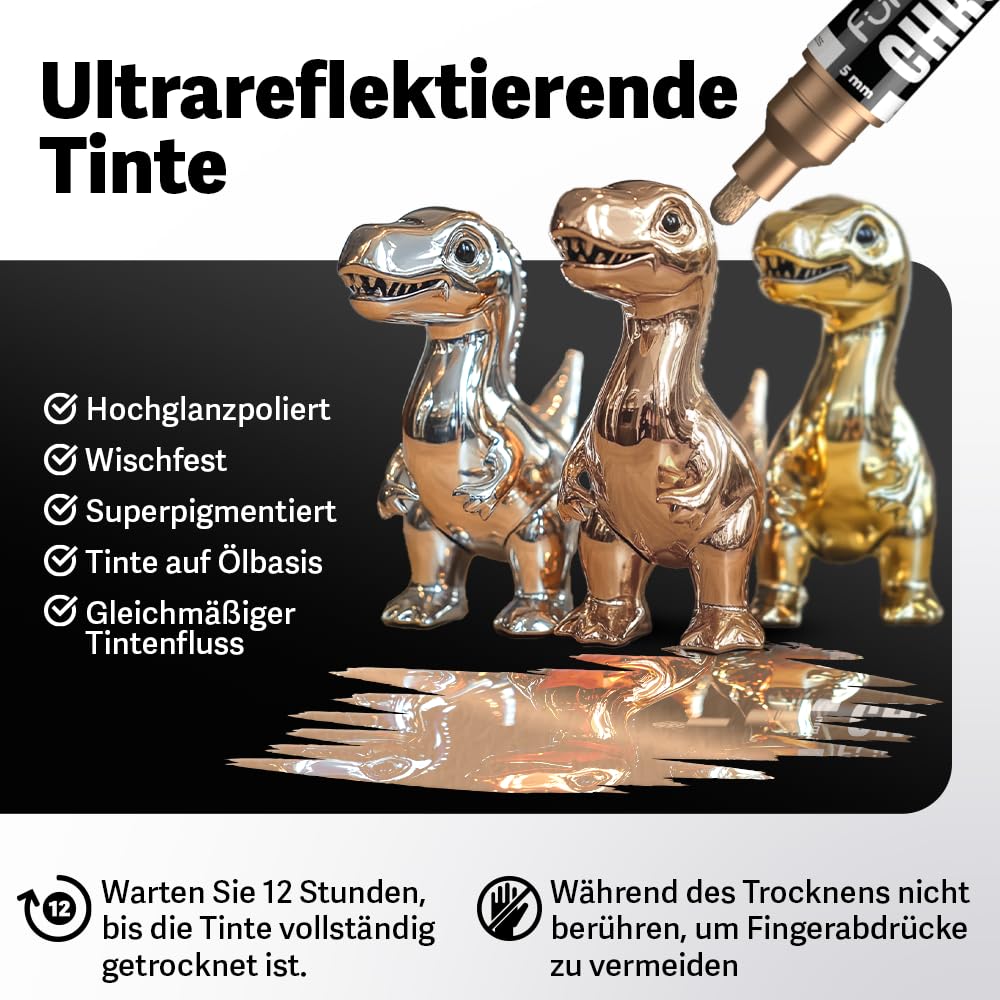 Chrom Lackstift Set - 4 Lackstifte Dual Spitze: 2x Silber, 1x Gold, 1x Kupfer | Lackstift Silber Metallic Auto, Chrom Farbe Gold, | Silberstift Metallic wasserfest für Auto, Glas, Metall