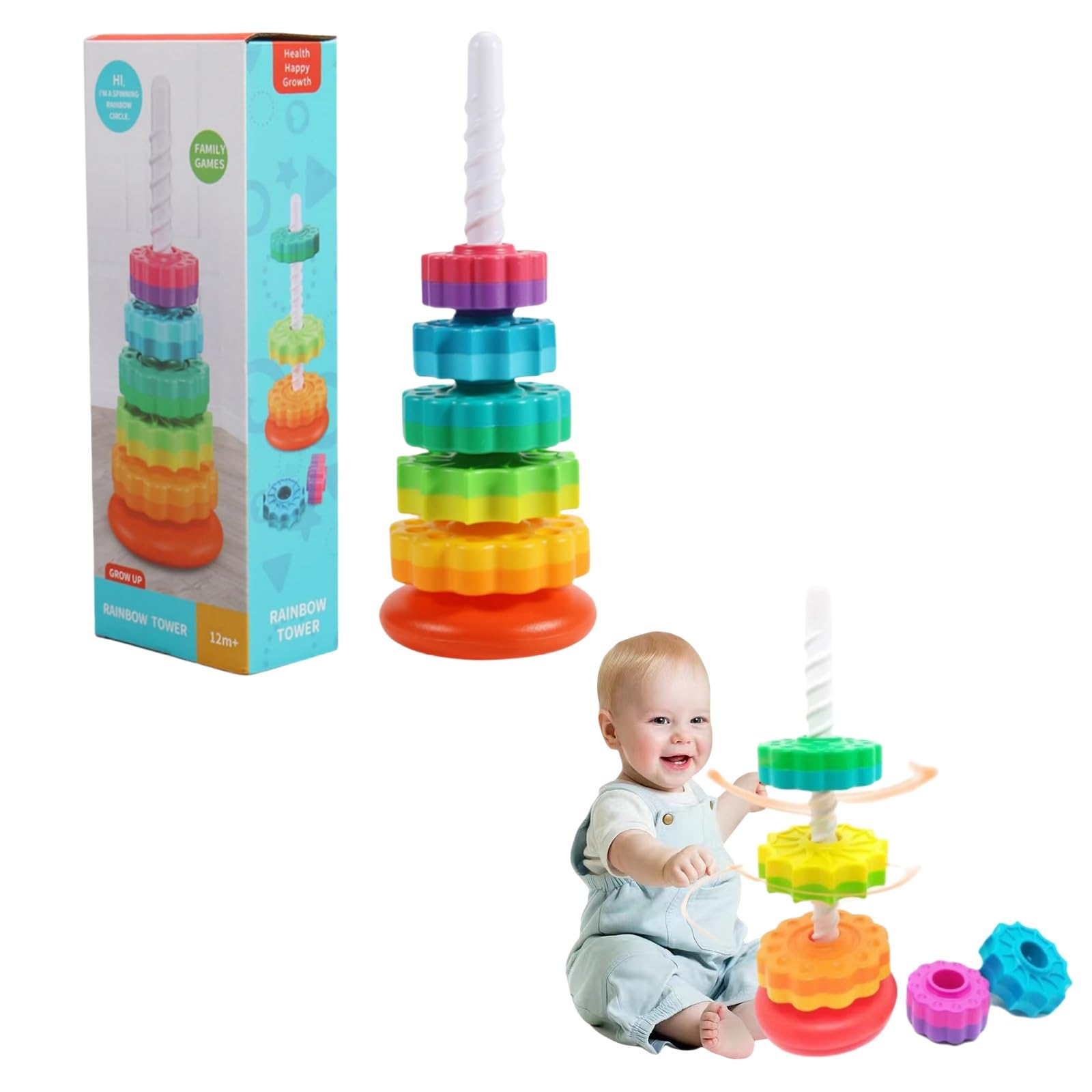 Rainbow Spinning Toy Stacking Ring Spin Gears Baby Montessori Early Educational Learning Toys for Girls Boys