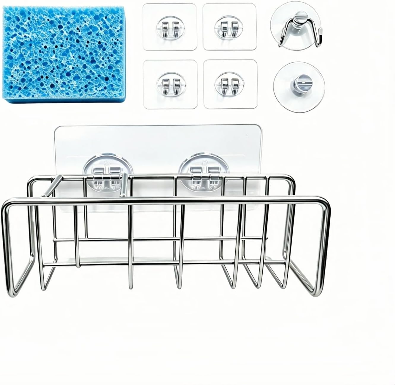 Sponge Holder for Kitchen Sink, 304 Stainless Sink Caddy with Suction & Adhesive Mount, Kitchen Sink Sponge Holder, Dish Sponge Holder, Sink Organizer & Brush Suction Caddy 7 x 2.3 x 2.4 in, Silver
