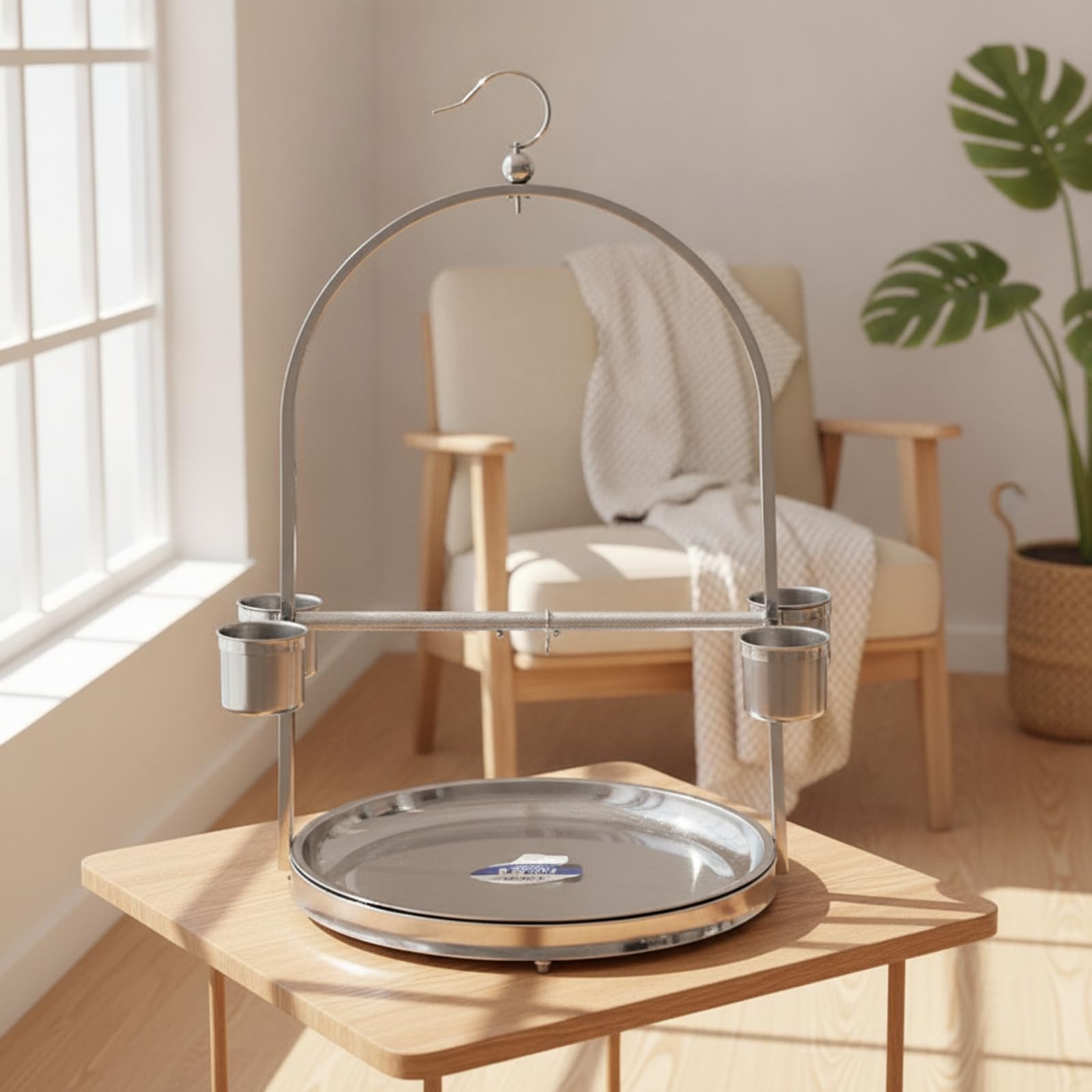 Percha Acero Inoxidable con Banja Resistente Soporte para Loros, Pájaros Domésticos, Jaula, Mediano 32x50 Cm