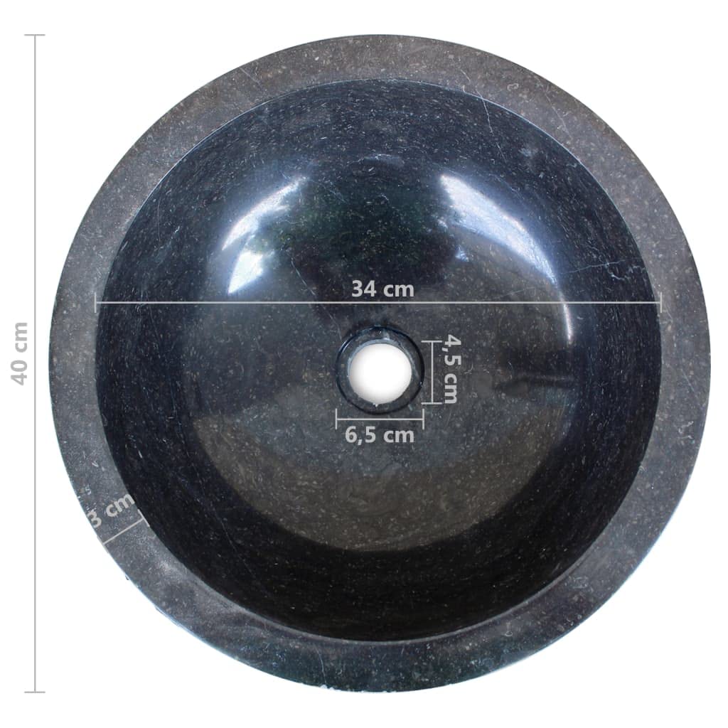 Lavabo in marmo da 40 cm, nero, rotondo, con foro di scarico da 4,5 cm, per bagno degli ospiti, WC per bagno, ristrutturazione, ristrutturazione
