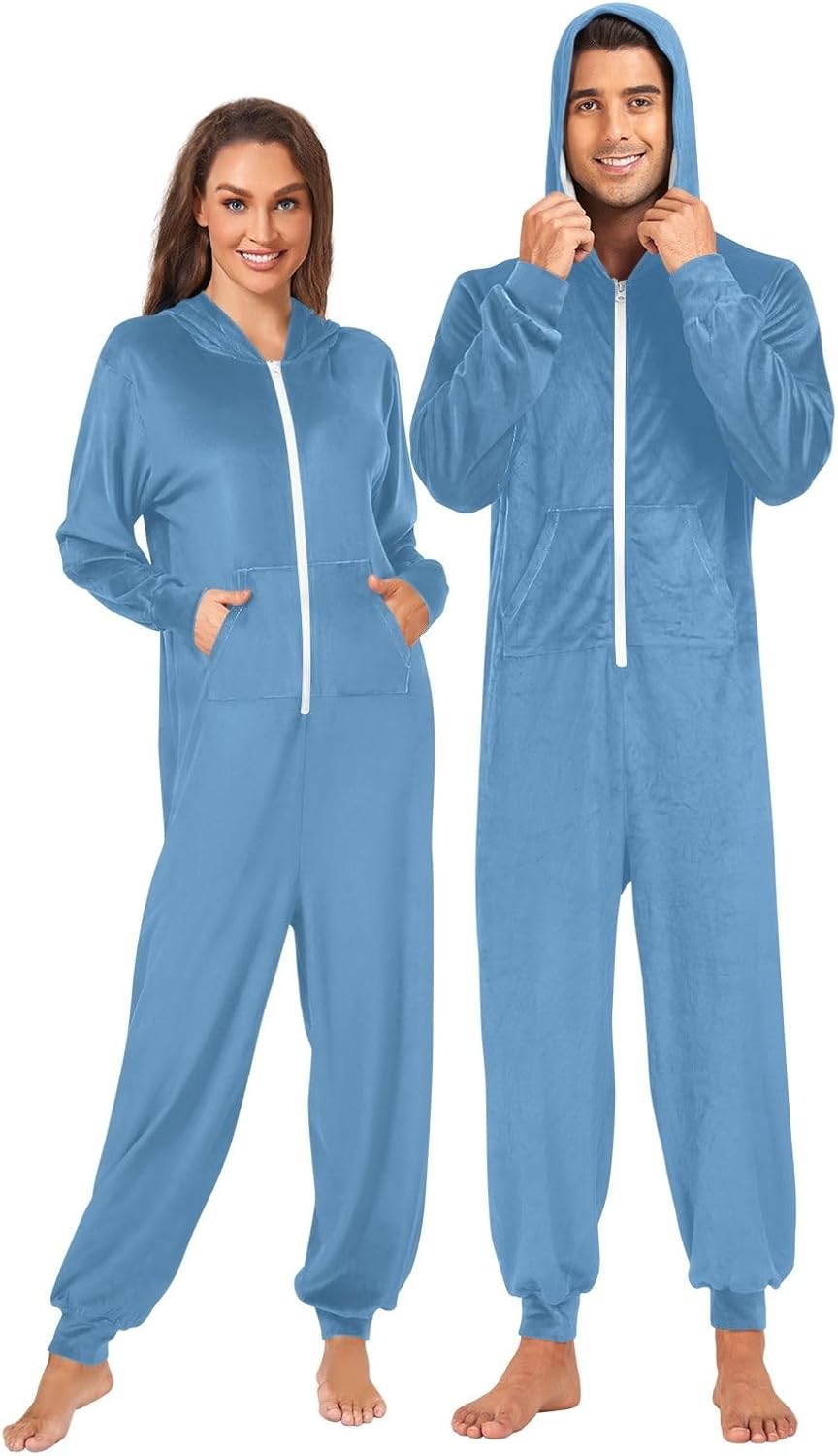 Steel Blue Adult Onesie Pajamas, Ultra Soft Hooded One Piece Sleepwear with Zipper for Men Women, Warm Loungewear